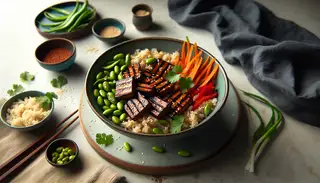 Image of a minimalist BBQ Tempeh Bowl with Asian-American influences, featuring marinated tempeh on brown rice with colorful vegetables, garnished with sesame seeds and cilantro, in natural light.