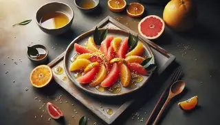 Minimalistic table setting with grapefruit and orange segments drizzled with agave syrup and yuzu juice, topped with sesame seeds