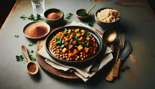 Exquisite African-inspired vegan lunch: sorghum-chickpea stew with sweet potatoes & parsley on minimalist table.