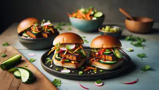 Plate of Vegan Asian BBQ Tempeh Sliders with pickled vegetables and cilantro on a minimalist table, no text or people.