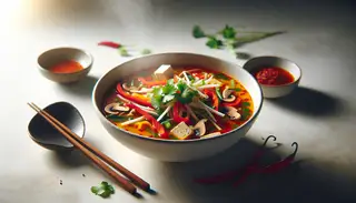 Image of steaming Asian-style spicy soup in a minimalist setting, featuring red bell pepper, mushrooms, tofu, and cilantro.