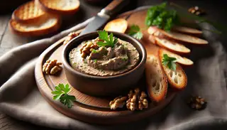 Elegant vegan Mushroom Walnut Pâté in a small bowl, garnished with parsley, beside toasted baguette slices, with a minimalistic backdrop.