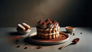 Sumptuous Vegan Tiramisu with espresso-soaked ladyfingers and creamy layers, dusted with cocoa, set on a minimalist table.