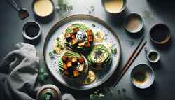 Elegant brunch table featuring Smoky Asian BBQ Tofu Benedict on a stylish plate, highlighted by cilantro and black sesame seeds, in natural light.