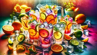 Visualise a vibrant and colourful scene centered on a well-set table, featuring glasses brimming with a tangy beverage, shimmering with condensation. Vibrant hues from the citrus fruits and sparkling water are contrasted beautifully against the icy white of frosty cubes. In the center of the table, a pitcher, full of the zesty concoction stands ready to serve more. Around the glasses, slices of lemon or lime are scattered lending an additional dash of freshness and appealing aesthetics. This image embodies the spirit of a BBQ gathering or a bright, sunny summer day, with the tangy, citrus-infused drink being the irresistible focus, inviting viewers to partake in the burst of tangy pleasure.