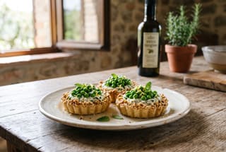 Golden-brown hazelnut-crusted mini tartlets filled with creamy white sauce and bright green peas on a ceramic plate.