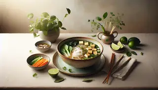 Realistic image of a serene dining table with Vietnamese-inspired vegan Pho, tofu, vegetables, herbs, lime wedges, chopsticks, in warm lighting and tranquil setting.