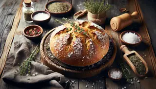 Golden-brown salty bread adorned with sea salt flakes and dried herbs on a rustic wooden table