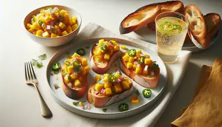 Image of vegan miso bruschetta on a white plate, with glossy mango salsa on toasted baguette slices, extra salsa in a clear bowl, and a glass of sparkling water, all under natural light.