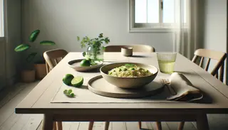Elegant vegan miso lemongrass risotto in a shallow bowl, garnished with cilantro, on a light wooden table with lime wedges beside, under soft natural light.