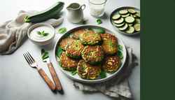 Delicious vegan zucchini fritters on a minimalistic table, showcasing their crispy texture and vibrant green color. A mouthwatering vegan treat!