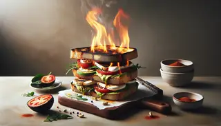 Gourmet vegan sandwich on toasted bread with cashew mozzarella, avocado, tomato, and flambéed edges, on a minimalist table.