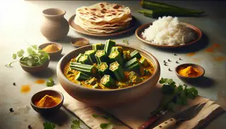 Realistic image of Coconut Curry Okra in a rustic bowl, with fresh cilantro and spices nearby, plus rice and chapatis in the background, under natural light.
