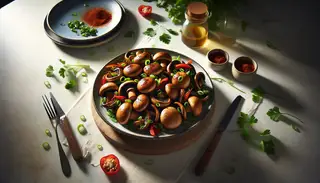 Image of a smoky vegan appetizer featuring golden-brown king oyster mushrooms, garnished with green onions and herbs, beside red bell pepper slices on a minimalist table.