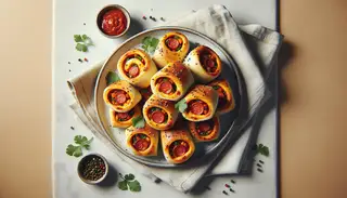 Image of a minimalist table setting with golden-brown Vegan Sichuan Pepperoni Rolls garnished with cilantro, beside a bowl of marinara sauce, against a neutral backdrop.