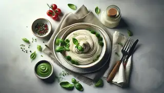 Silky vegan appetizer garnished with fresh herbs on clean, minimal table setting, inviting and creamy, no distractions.