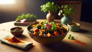 A warm, colorful bowl of African-inspired vegan snack with sorghum, sweet potatoes, kale, and red onions, garnished with fresh cilantro on a clean table.