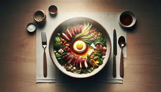 A visually stunning and realistic image of a sumptuous umami lunch prepared on a clean table. The dish, rich in colors and textures, beckons viewers to partake in its explosion of flavors.