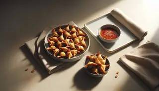 Modern minimalist table setting with a white plate of golden-brown vegan 'Crab' Rangoons and a bowl of red sweet chili sauce, illuminated by soft natural light.