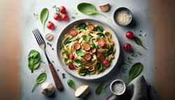 Vegan Carbonara dish elegantly displayed on a simple, uncluttered table, highlighting its creamy texture and tempting presentation.