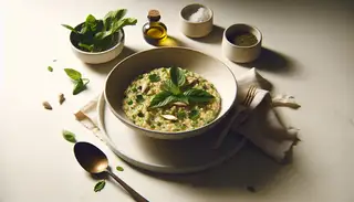 Vegan herbal risotto with coconut and lemongrass in a shallow bowl, garnished with fresh herbs on a minimalist table, highlighting the dish's vibrant colors.