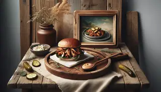 Rustic wood table with Vegan BBQ Jackfruit Sandwich, pickles, and coleslaw on white plate, inviting vegan BBQ experience