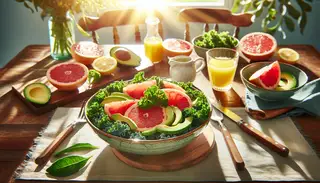 Envision a sunny morning scene with a beautifully set table, doused in natural sunlight. On this table, a vibrant display of fresh ingredients emerge. In the midst of them is a bowl containing crisp kale leaves, juicy grapefruit sections, and succulent avocado slices. This salad shines under a tangy lemon dressing, which accentuates the sharp features of the grapefruit and kale. Upon sitting down, ready to partake in this healthy ensemble, you can sense the rejuvenating energy of the morning enveloping you. Savor the energizing journey as you sink your teeth into this wholesome breakfast salad, a treat both for your eyes and body.