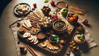 Vegan charcuterie-style dish on a rustic wooden board with tofu, vegan cheese, nuts, pesto, breadsticks, tomatoes, olives, hummus, and basil on a simple table.