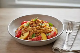 Gourmet miso-peach linguine with heirloom tomatoes, tofu, and Thai basil in a ceramic bowl on a wooden table, bathed in soft morning light.
