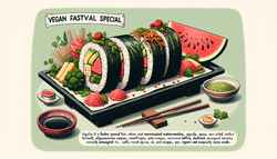 Festive food fair table featuring 'Vegan Asian Festival Special' sushi roll with watermelon, avocado, sweet potato, jackfruit, garnished with cilantro and sesame seeds, emphasizing freshness.