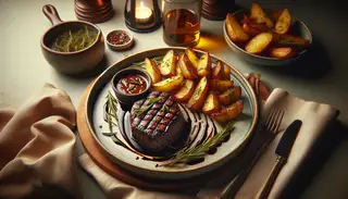 Realistic gastro pub setting with a vegan 'steak' grilled and topped with balsamic glaze, beside crispy rosemary garlic potatoes, in minimalist table decor.