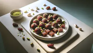 Realistic image of 'Sweet Meze Delight' in petite balls topped with pistachios and coconut flakes on a minimalist, clutter-free table, with warm lighting enhancing the dish's rich colors.