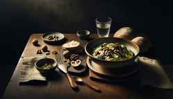 A serene image of Mushroom and Walnut Risotto with Asian Greens in a polished bowl, on a wooden table with warm lighting, bread slices, and water.