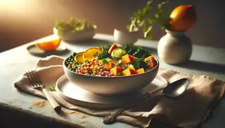 Elegant dining table with a white bowl of citrusy vegan feast, featuring sorghum, sweet potatoes, and kale, under warm, soft lighting.