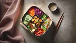 Crunchy Vegan Bento-Style Dish Minimalist table setting with a vibrant vegan bento box, featuring golden-brown tofu, colorful vegetables, scallions, and sesame seeds.