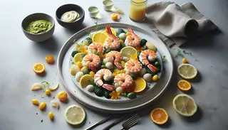 Vegan 'seafood' platter with citrus-infused plant-based shrimp and scallops, adorned with lemon and orange zest, on a minimalistic table setting.
