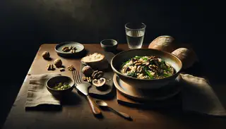 A serene image of Mushroom and Walnut Risotto with Asian Greens in a polished bowl, on a wooden table with warm lighting, bread slices, and water.