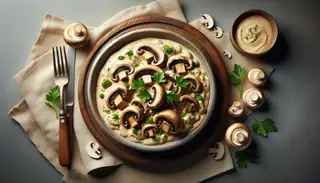 Vegan mushroom stroganoff with creamy sauce and sliced mushrooms, garnished with parsley on a minimalist table, exuding warmth and comfort.