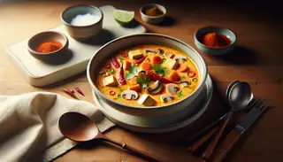 Vibrant Vegan Thai Coconut Curry Soup in a chic bowl, with tofu and vegetables, on a wooden table, garnished with coriander and lime.