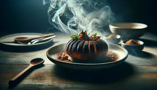 A tempting smoky vegan dessert delicacy on a pristine table, blending sweet and savory flavors, creating a captivating culinary experience.