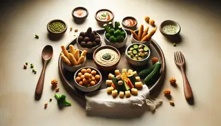 African-inspired vegan finger foods with creamy textures, rich flavors, and small, ready-to-eat portions on a minimalist table setting.