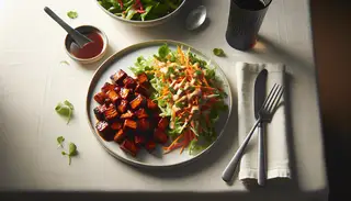 Minimalistic dinner table with smoky hoisin jackfruit, creamy wasabi slaw on a white plate, under natural light, showcasing vibrant textures.