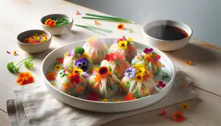 Steaming vegan floral dim sum on a white plate, revealing colorful veggies and edible flowers, with soy sauce and chili oil on a wooden table.