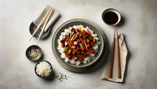 A close-up image of a vegan bulgogi seitan stir-fry with jasmine rice, accompanied by chopsticks and a bowl of soy sauce.