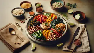 A minimalistic table set with an African vegan feast featuring bell peppers, peanut-infused collard greens, millet, sorghum, coriander, and lime wedges.