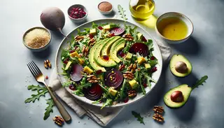 Fresh African-inspired salad with arugula, roasted beets, avocado slices, quinoa, walnuts, and cranberries, drizzled with a citrus dressing.