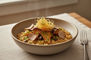 Creamy plant-based miso-truffle risotto topped with caramelized mushrooms and crispy leeks in an elegant stoneware bowl.