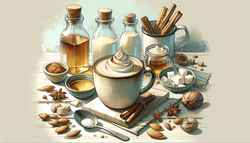 A serene table scene with a brimming mug of spiced almond milk topped with coconut cream and a cinnamon stick, exuding warmth and comfort.