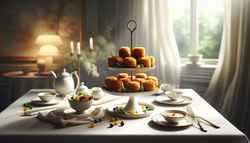 Elegant vegan high tea setup with golden fried bites on a porcelain plate, a small bowl for sauce, on a minimalist table with a soft, blurred background.