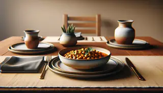 A vibrant and hearty Spicy African Vegan Chickpea Stew displayed on a clean, minimalistic dinner table setting, radiating warmth and flavor.